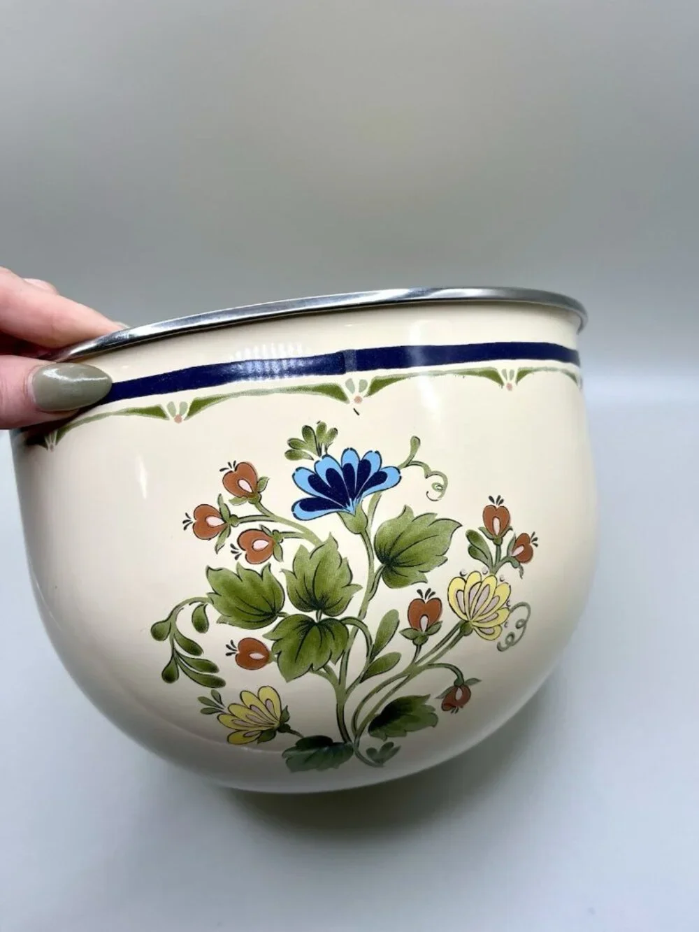 Vintage 1980s Kobe JCPenney Enamelware Floral Mixing Bowl Cottagecore Farmhouse